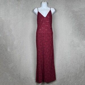 DB Studio Dress Womens 12 Burgundy‎ Lace Sequin Floral Maxi Whimsigoth Vamp Y2K